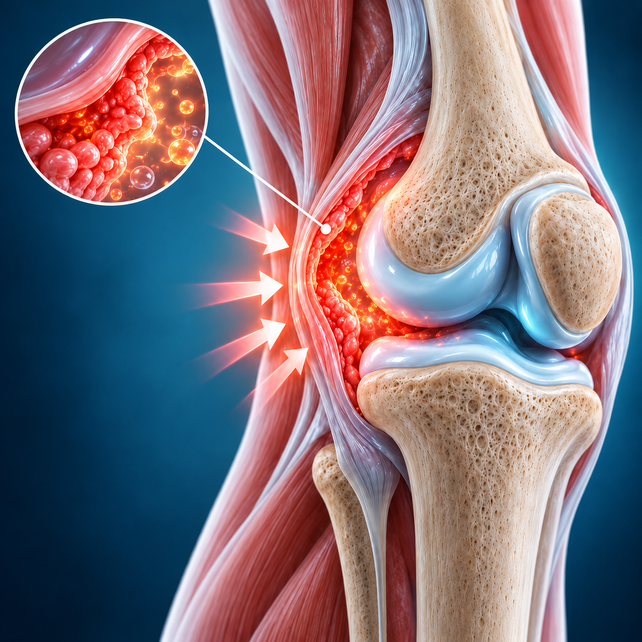 Illustration of the knee joint and surrounding tissue