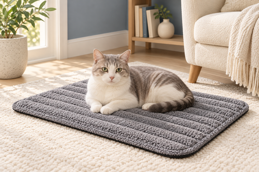 Cream-and-gray cat on a gray mat in a reading corner