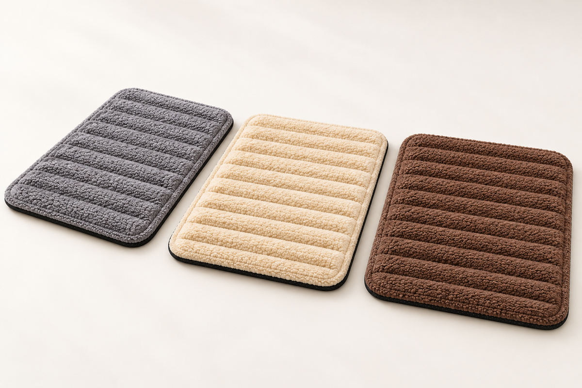 Three separate gray, beige and brown mats in a studio