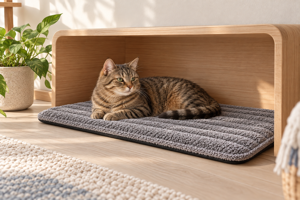 Tabby cat on a gray mat in an open wooden pet nook