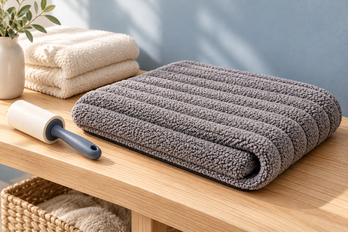 Folded gray mat beside a lint roller and clean linen