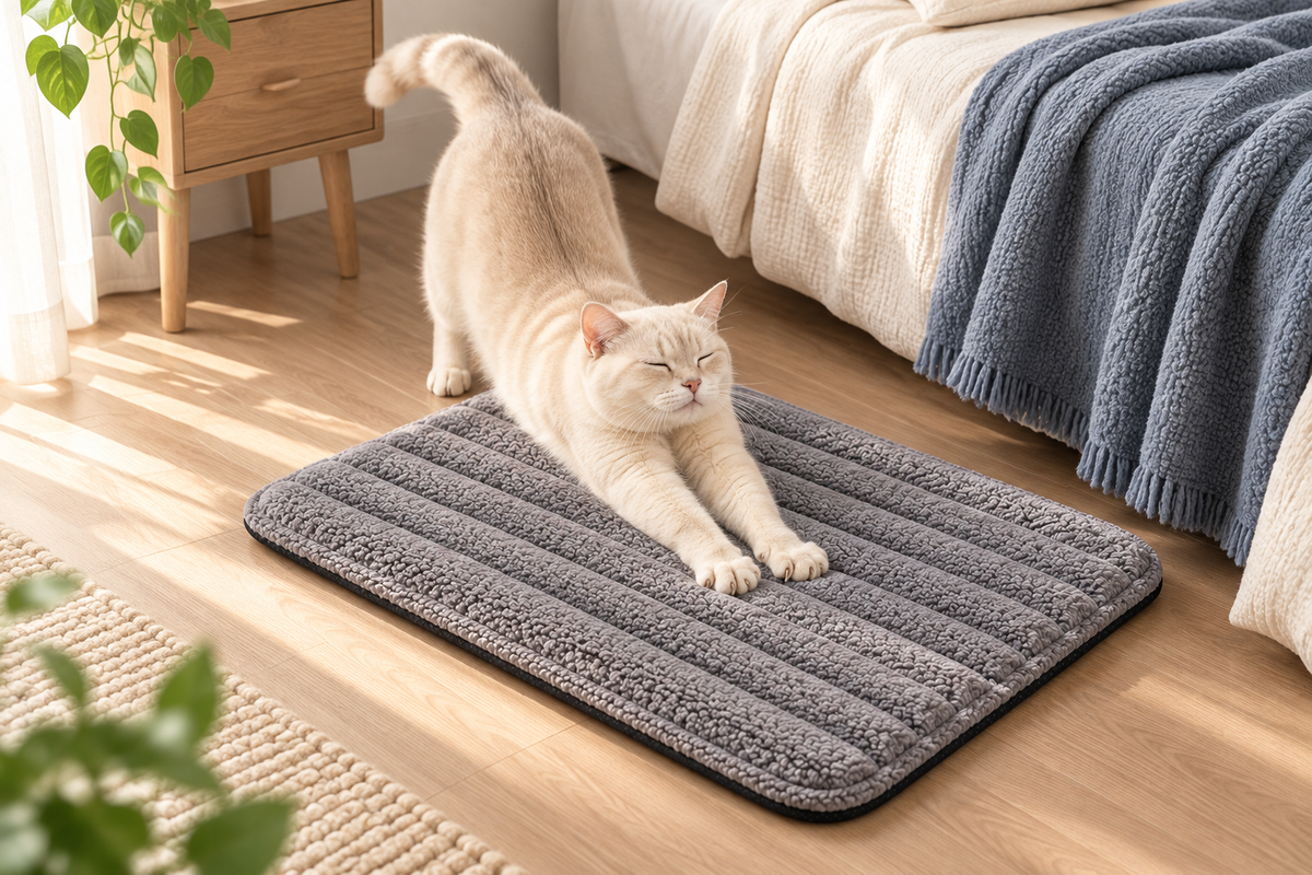 Cream cat stretching onto a gray mat beside a bed